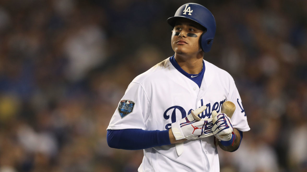 LOS ANGELES, CA - OCTOBER 28: Manny Machado #8 of the Los Angeles Dodgers reacts after striking out in the fourth inning during Game 5 of the 2018 World Series against the Boston Red Sox at Dodger Stadium on Sunday, October 28, 2018 in Los Angeles, California.