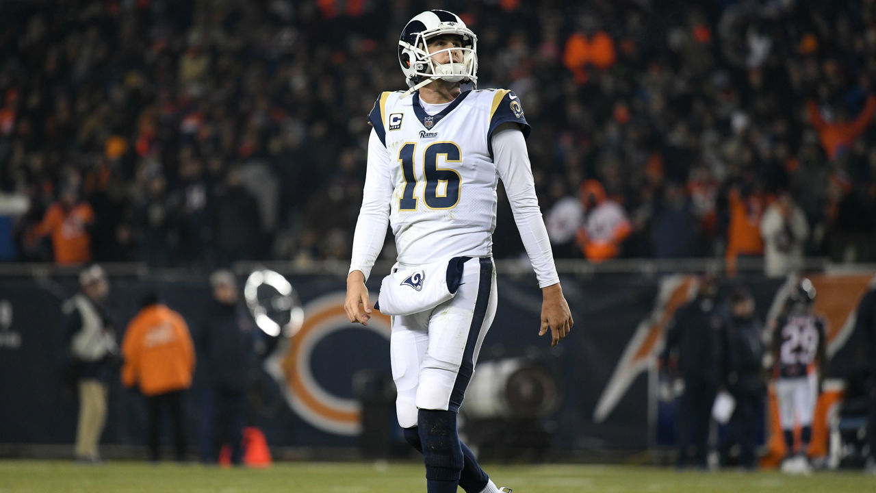 CHICAGO, IL - DECEMBER 09: Los Angeles Rams quarterback Jared Goff (16) looks on in action during an NFL game between the Los Angeles Rams and the Chicago Bears on December 09, 2018 at Soldier Field in Chicago, IL.