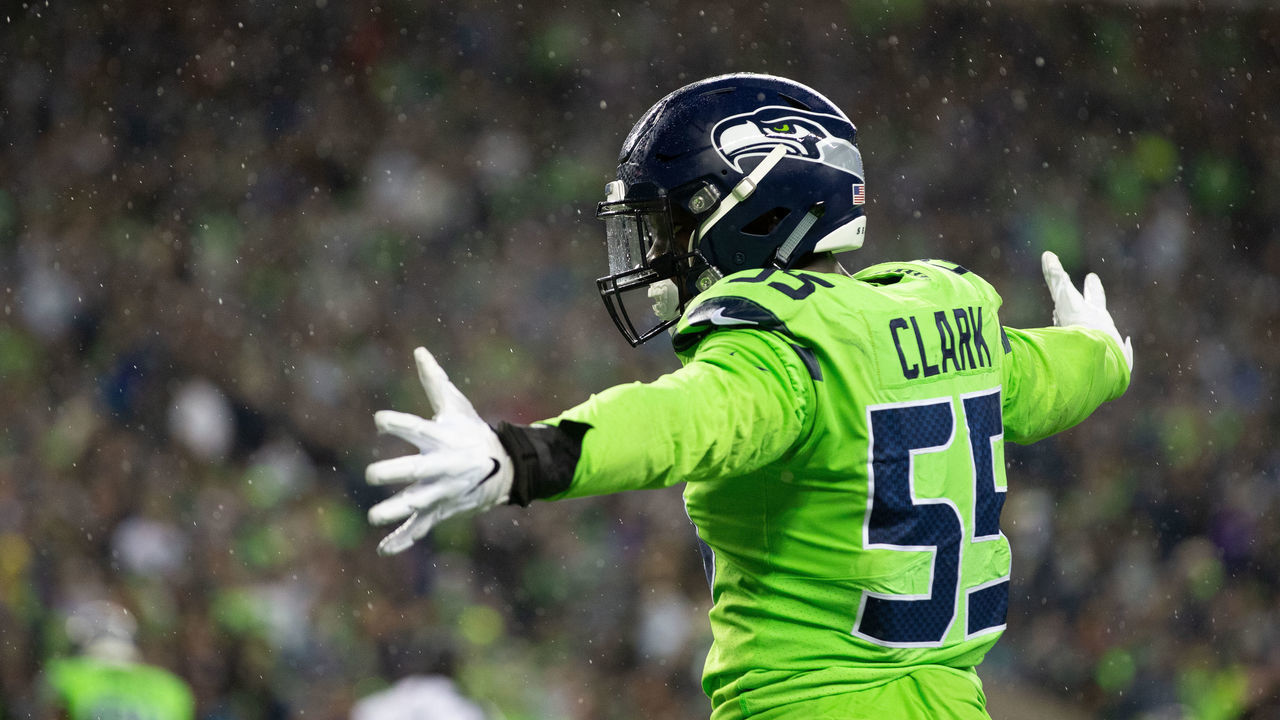 SEATTLE, WA - DECEMBER 10: Seattle Seahawks defensive end Frank Clark (55) celebrates in the second quarter during a game between the Minnesota Vikings and the Seattle Seahawks on Monday, December 10, 2018 at CenturyLink Field in Seattle, WA.