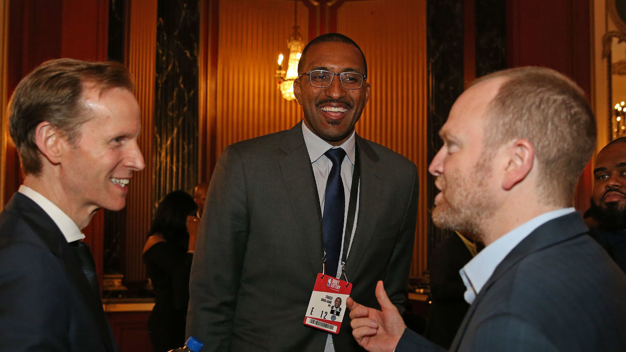 CHICAGO, IL - MAY 15: Former NBA player, Shareef Abdur-Rahim, Jeff Weltman, President of Basketball Operations for the Orlando Magic and Lawrence Frank, Executive Vice President of Basketball Operations for the LA Clippers talk during the NBA Draft Lottery on May 15, 2018 at The Palmer House Hilton in Chicago, Illinois. Mandatory Copyright Notice: Copyright 2018 NBAE