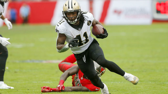 TAMPA, FL - DEC 09: Alvin Kamara (41) of the Saints carries the ball during the regular season game between the New Orleans Saints and the Tampa Bay Buccaneers on December 09, 2018 at Raymond James Stadium in Tampa, Florida.
