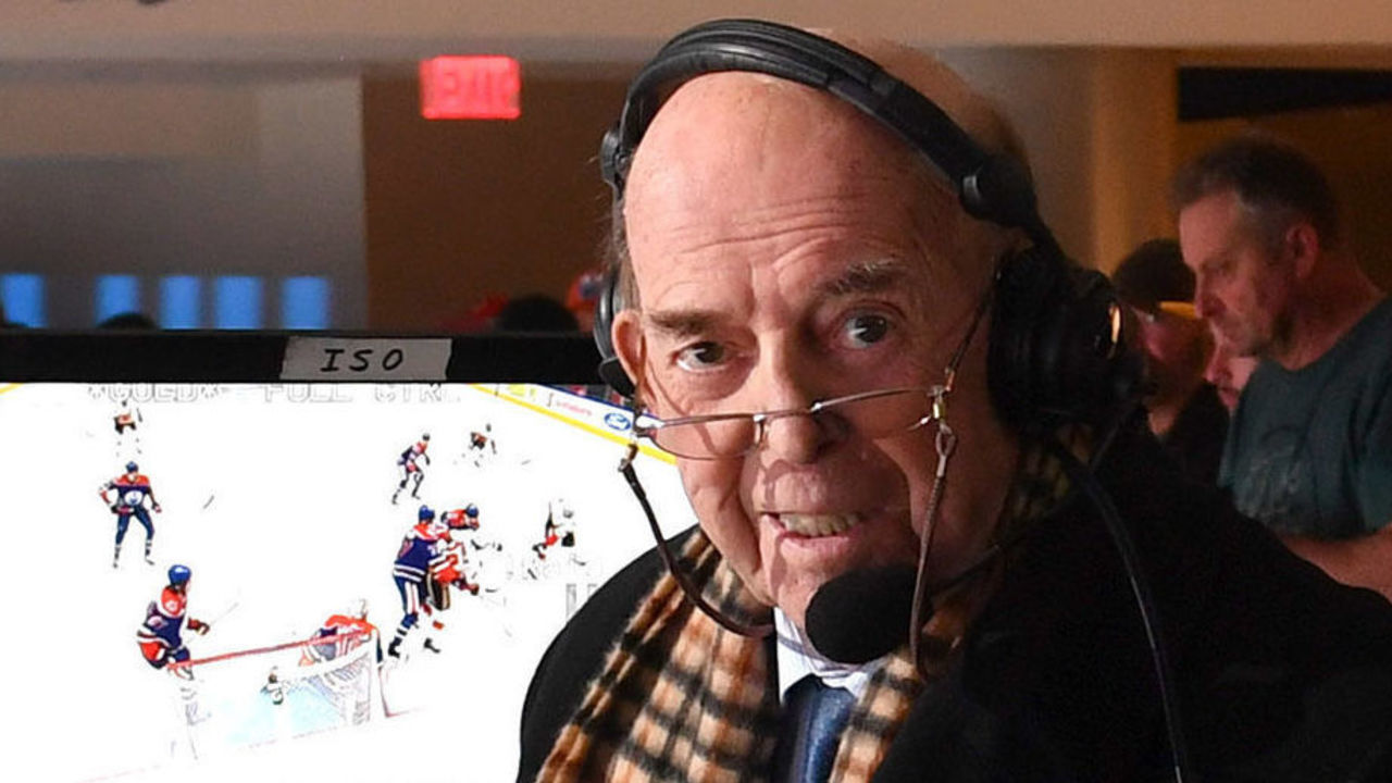 EDMONTON, AB - DECEMBER 9: Bob Cole and Louie DeBrusk pose for a photo during the game between the Edmonton Oilers and the Calgary Flames on December 9, 2018 at Rogers Place in Edmonton, Alberta, Canada.