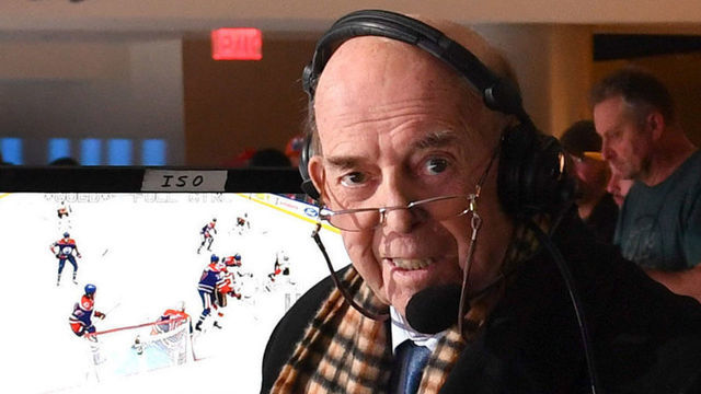 EDMONTON, AB - DECEMBER 9: Bob Cole and Louie DeBrusk pose for a photo during the game between the Edmonton Oilers and the Calgary Flames on December 9, 2018 at Rogers Place in Edmonton, Alberta, Canada.