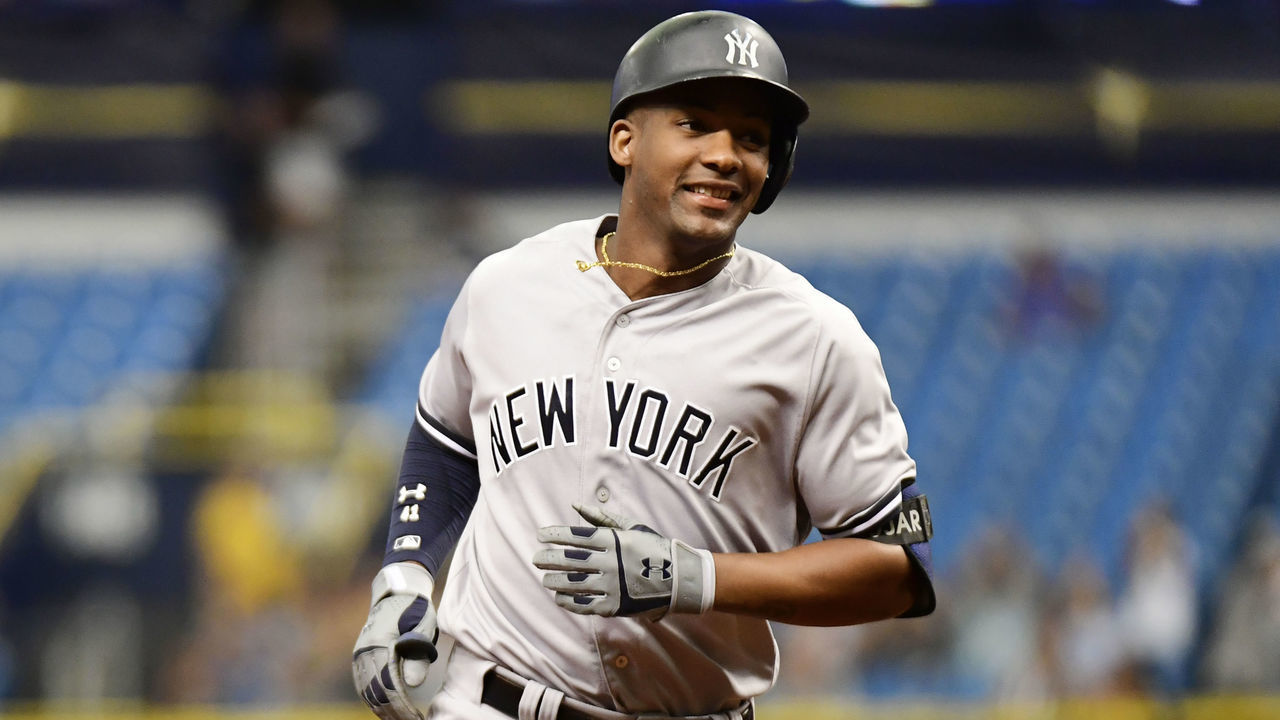 ST PETERSBURG, FL - SEPTEMBER 27: Miguel Andujar #41 of the New York Yankees hits a three-run homer in the first inning against the Tampa Bay Rays on September 27, 2018 at Tropicana Field in St Petersburg, Florida.