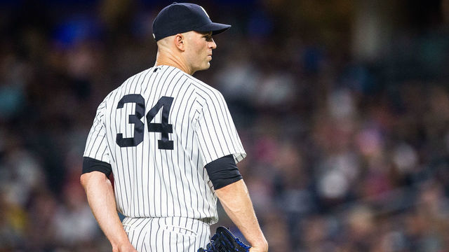 NEW YORK, NY - SEPTEMBER 18: J.A. Happ #34 of the New York Yankees looks on during the game against the Boston Red Sox at Yankee Stadium on Tuesday September 18, 2018 in the Bronx borough of New York City.