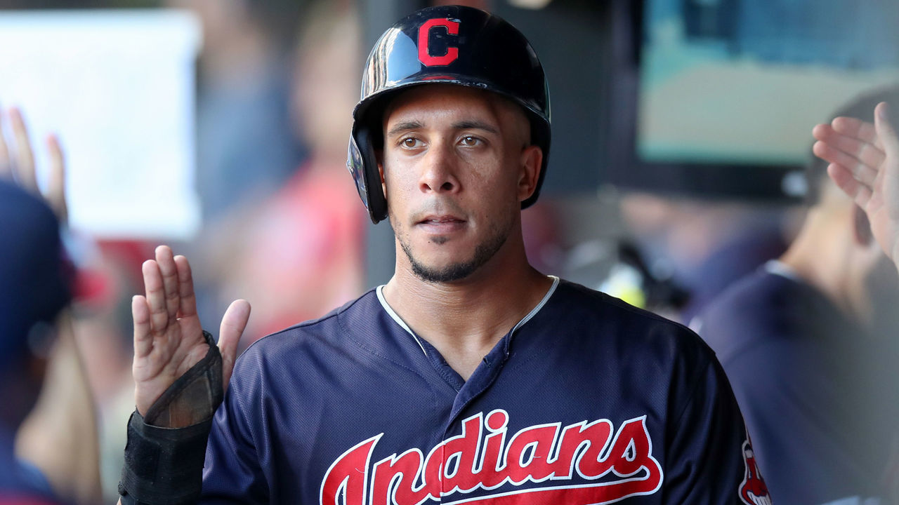 CLEVELAND, OH - SEPTEMBER 15: Cleveland Indians left fielder Michael Brantley (23) is congratulated by teammates after scoring a run during the fourth inning of the Major League Baseball game between the Detroit Tigers and Cleveland Indians on September 15, 2018, at Progressive Field in Cleveland, OH.