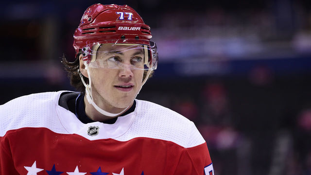 WASHINGTON, DC - NOVEMBER 11: T.J. Oshie #77 of the Washington Capitals warms up during the pregame skate before a game against the Arizona Coyotes at Capital One Arena on November 11, 2018 in Washington, DC.