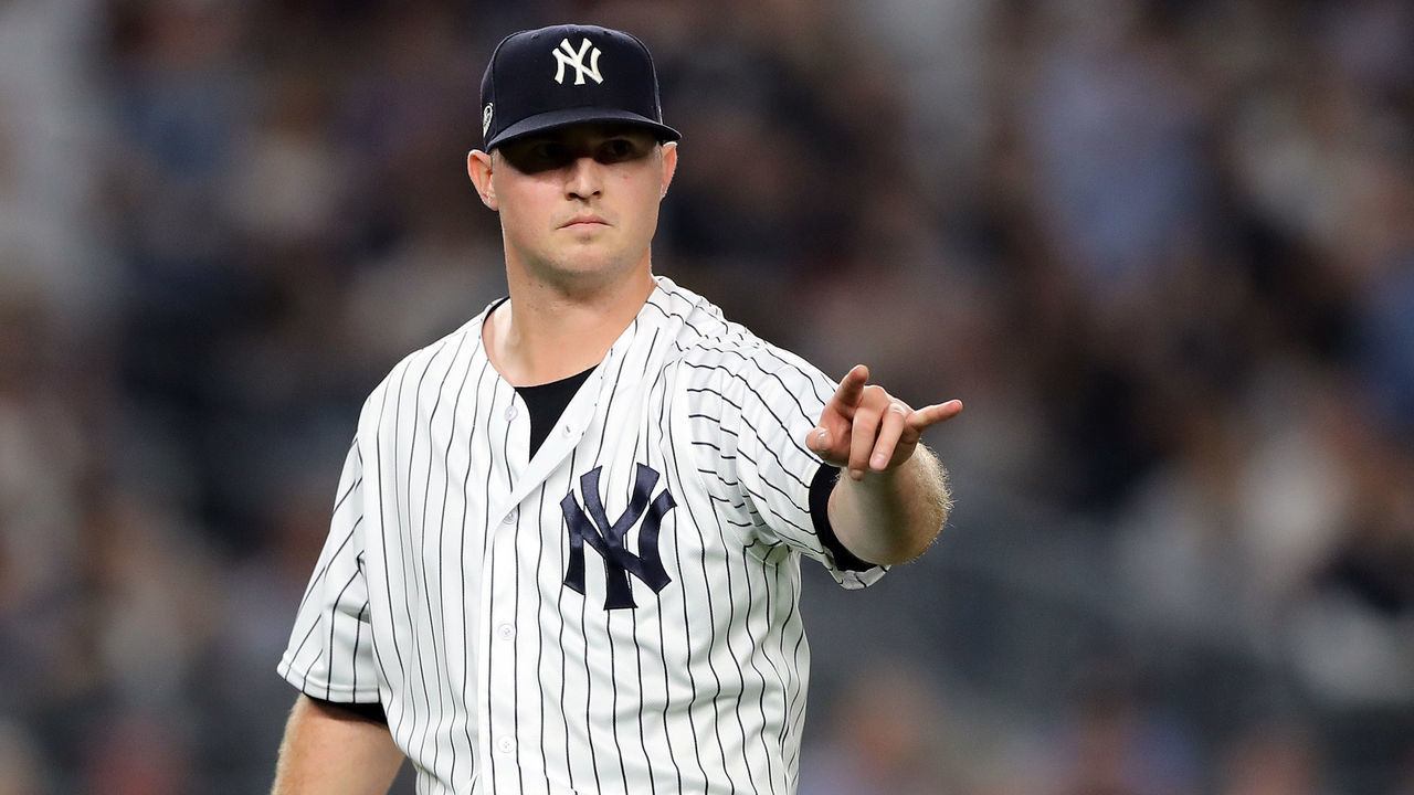 NEW YORK, NEW YORK - OCTOBER 09: Zach Britton #53 of the New York Yankees reacts in the fourth inning against the Boston Red Sox during Game Four American League Division Series at Yankee Stadium on October 09, 2018 in the Bronx borough of New York City.