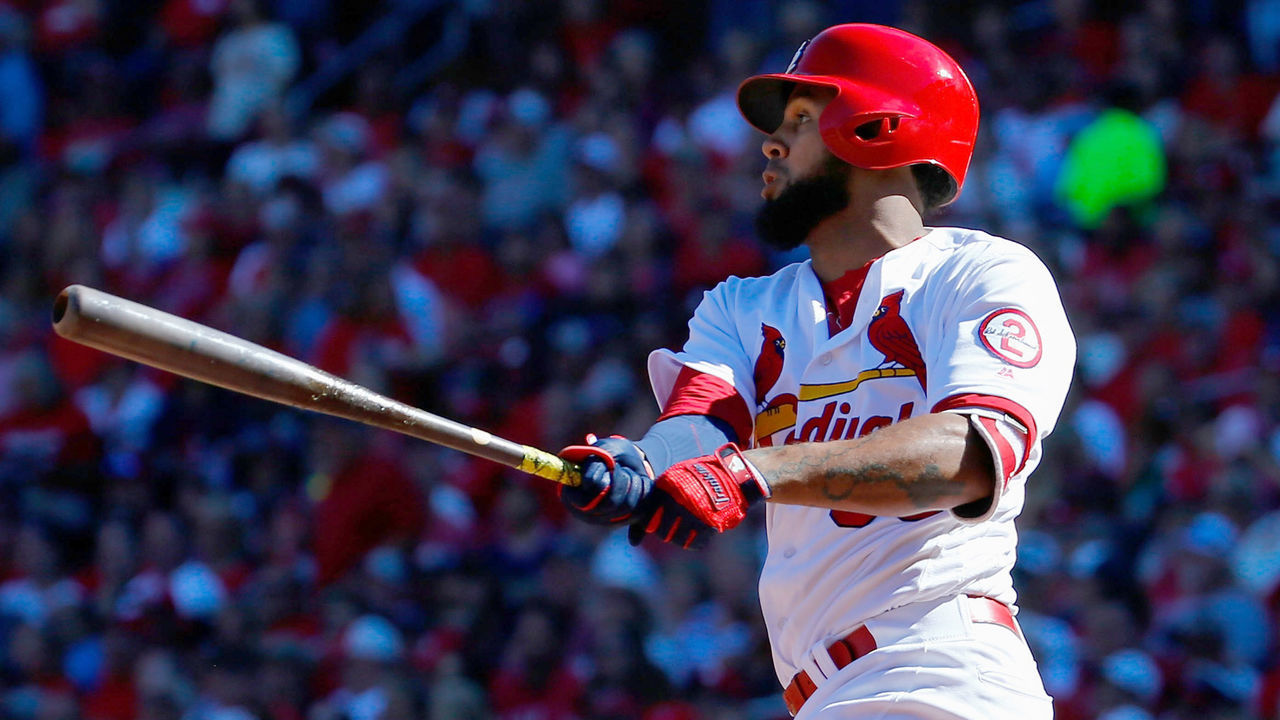 ST. LOUIS, MO - SEPTEMBER 23: Jose Martinez #38 of the St. Louis Cardinals hits a two-RBI double against the San Francisco Giants in the sixth inning at Busch Stadium on September 23, 2018 in St. Louis, Missouri.
