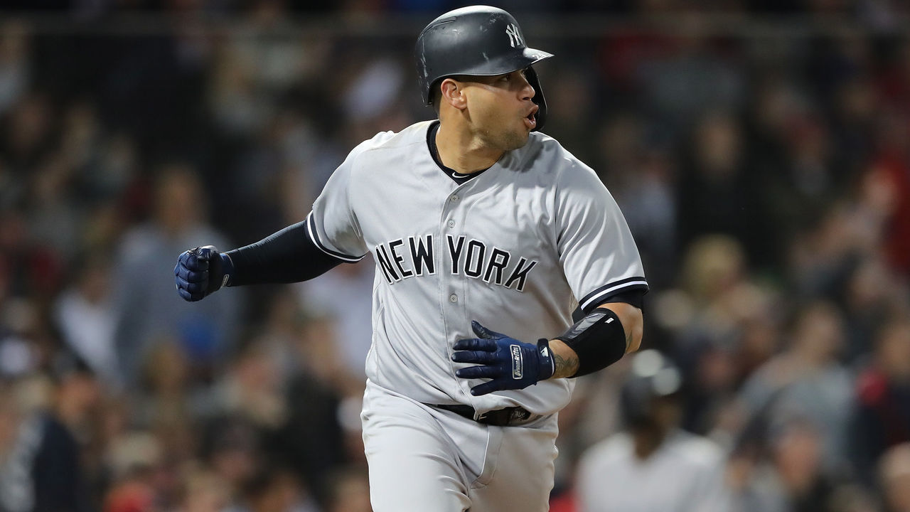 BOSTON, MA - OCTOBER 06: Gary Sanchez #24 of the New York Yankees reacts afte hitting a three-run home run against pitcher Eduardo Rodriguez #57 of the Boston Red Sox (not in photo) during the seventh inning Game Two of the American League Division Series at Fenway Park on October 6, 2018 in Boston, Massachusetts.s.
