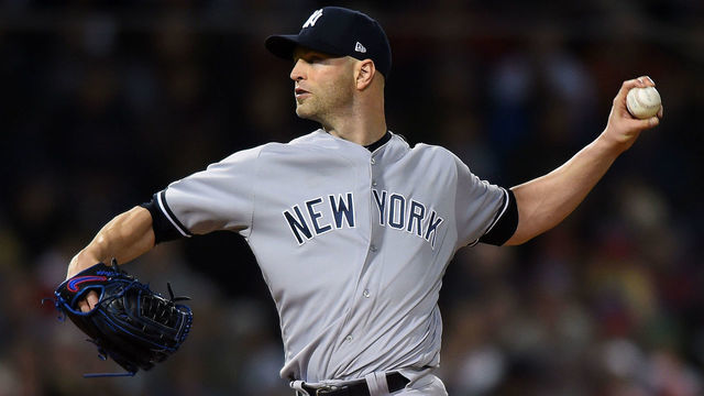 BOSTON, MA. - OCTOBER 5: J.A. Happ #34 of the New York Yankees pitches against the Boston Red Sox in the first inning of Game 1 of Major League Baseball's American League Division Series at Fenway Park in Boston, Massachusetts on October 5, 2018.