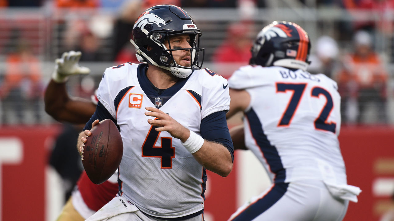 SANTA CLARA, CA - DECEMBER 09: Denver Broncos Quarterback Case Keenum (4) rolls out and looks to pass during the NFL football game between the Denver Broncos and the San Francisco 49ers on December 9, 2018 at Levi's Stadium in Santa Clara, CA.