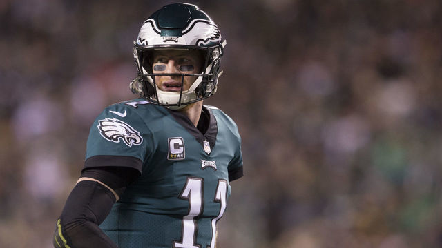 PHILADELPHIA, PA - DECEMBER 03: Carson Wentz #11 of the Philadelphia Eagles looks on against the Washington Redskins at Lincoln Financial Field on December 3, 2018 in Philadelphia, Pennsylvania.