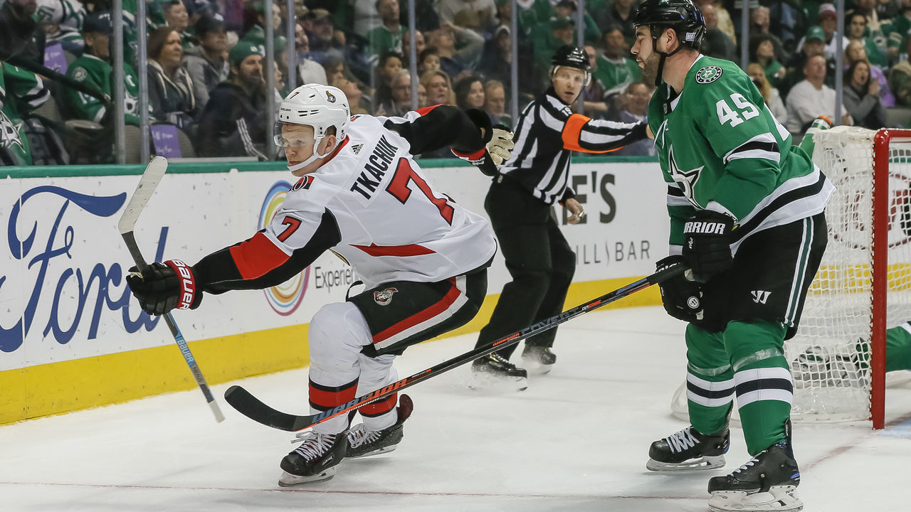 DALLAS, TX - NOVEMBER 23: Ottawa Senators left wing Brady Tkachuk (7) celebrates scoring a goal during the game between the Dallas Stars and the Ottawa Senators on November 23, 2018 at the American Airlines Center in Dallas, Texas.