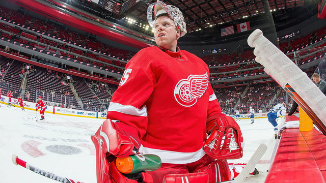 DETROIT, MI - DECEMBER 04: Jimmy Howard #35 of the Detroit Red Wings gets a drink of water at the bench in warm-ups prior to an NHL game against the Tampa Bay Lightning at Little Caesars Arena on December 4, 2018 in Detroit, Michigan. The Lightning defeated the Red Wings 6-5 in a shootout.