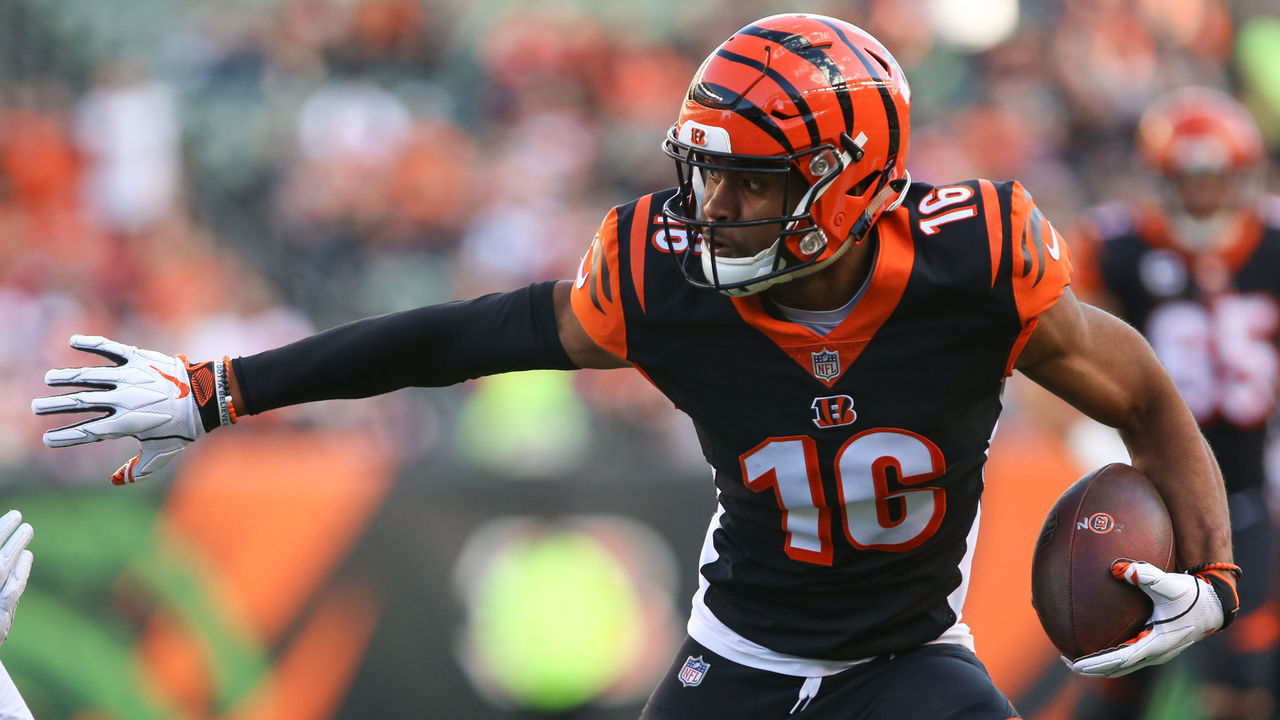 CINCINNATI, OH - DECEMBER 02: Cincinnati Bengals wide receiver Cody Core (16) scores a touchdown during the game against the Denver Broncos and the Cincinnati Bengals on December 2nd 2018, at Paul Brown Stadium in Cincinnati, OH.