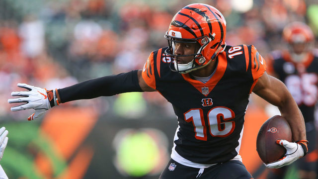 CINCINNATI, OH - DECEMBER 02: Cincinnati Bengals wide receiver Cody Core (16) scores a touchdown during the game against the Denver Broncos and the Cincinnati Bengals on December 2nd 2018, at Paul Brown Stadium in Cincinnati, OH.