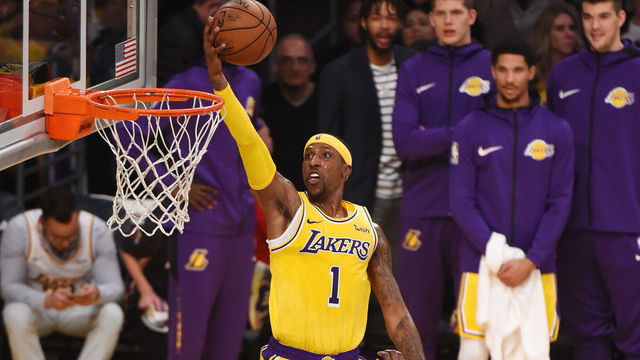 LOS ANGELES, CA - DECEMBER 10: Kentavious Caldwell-Pope #1 of the Los Angeles Lakers shoots the ball against the Miami Heat on December 10, 2018 at STAPLES Center in Los Angeles, California. NOTE TO USER: User expressly acknowledges and agrees that, by downloading and/or using this Photograph, user is consenting to the terms and conditions of the Getty Images License Agreement. Mandatory Copyright Notice: Copyright 2018 NBAE