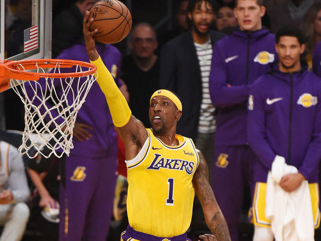 LOS ANGELES, CA - DECEMBER 10: Kentavious Caldwell-Pope #1 of the Los Angeles Lakers shoots the ball against the Miami Heat on December 10, 2018 at STAPLES Center in Los Angeles, California. NOTE TO USER: User expressly acknowledges and agrees that, by downloading and/or using this Photograph, user is consenting to the terms and conditions of the Getty Images License Agreement. Mandatory Copyright Notice: Copyright 2018 NBAE