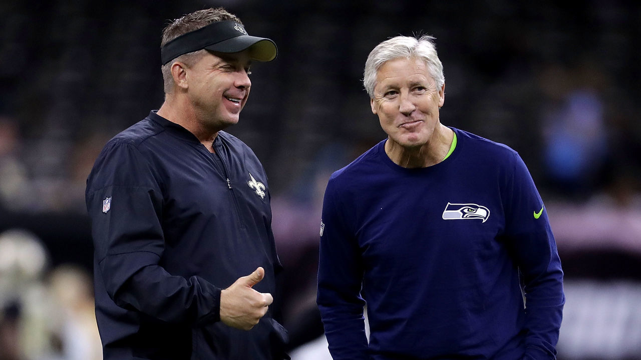 NEW ORLEANS, LA - OCTOBER 30: Head coach Pete Carroll of the Seattle Seahawks (R) talks to head coach Sean Payton of the New Orleans Saints before a game at the Mercedes-Benz Superdome on October 30, 2016 in New Orleans, Louisiana.