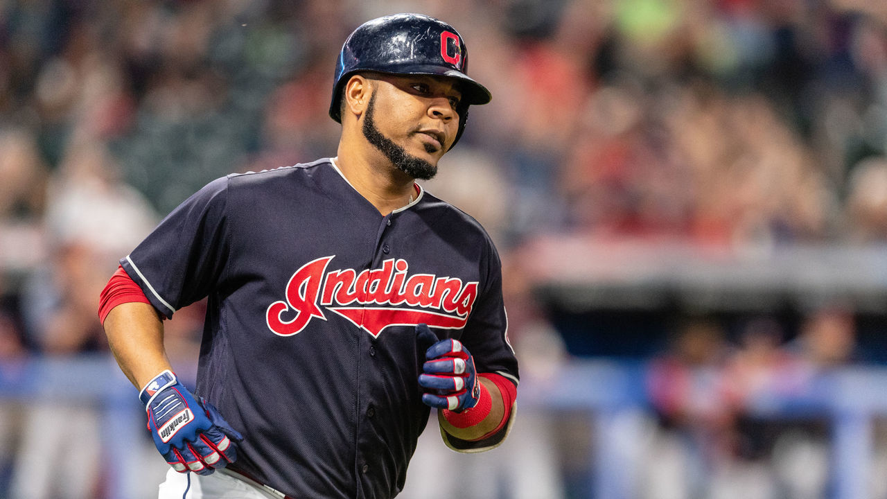 CLEVELAND, OH - SEPTEMBER 14: Edwin Encarnacion #10 of the Cleveland Indians rounds the bases on a solo home run during the sixth inning against the Detroit Tigers at Progressive Field on September 14, 2018 in Cleveland, Ohio.