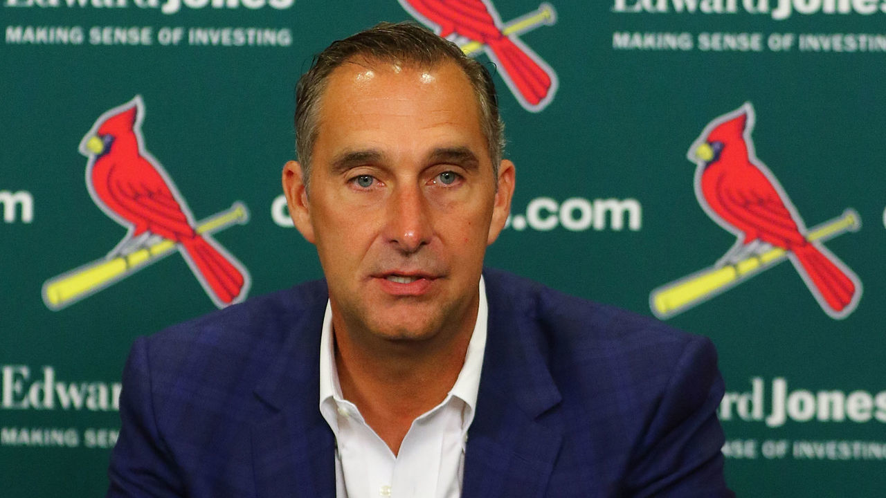 ST. LOUIS, MO - JULY 15: John Mozeliak, President of Baseball Operations of the St. Louis Cardinals during a press conference addressing a change in the manager prior to a game between the St. Louis Cardinals and the Cincinnati Reds at Busch Stadium on July 15, 2018 in St. Louis, Missouri.