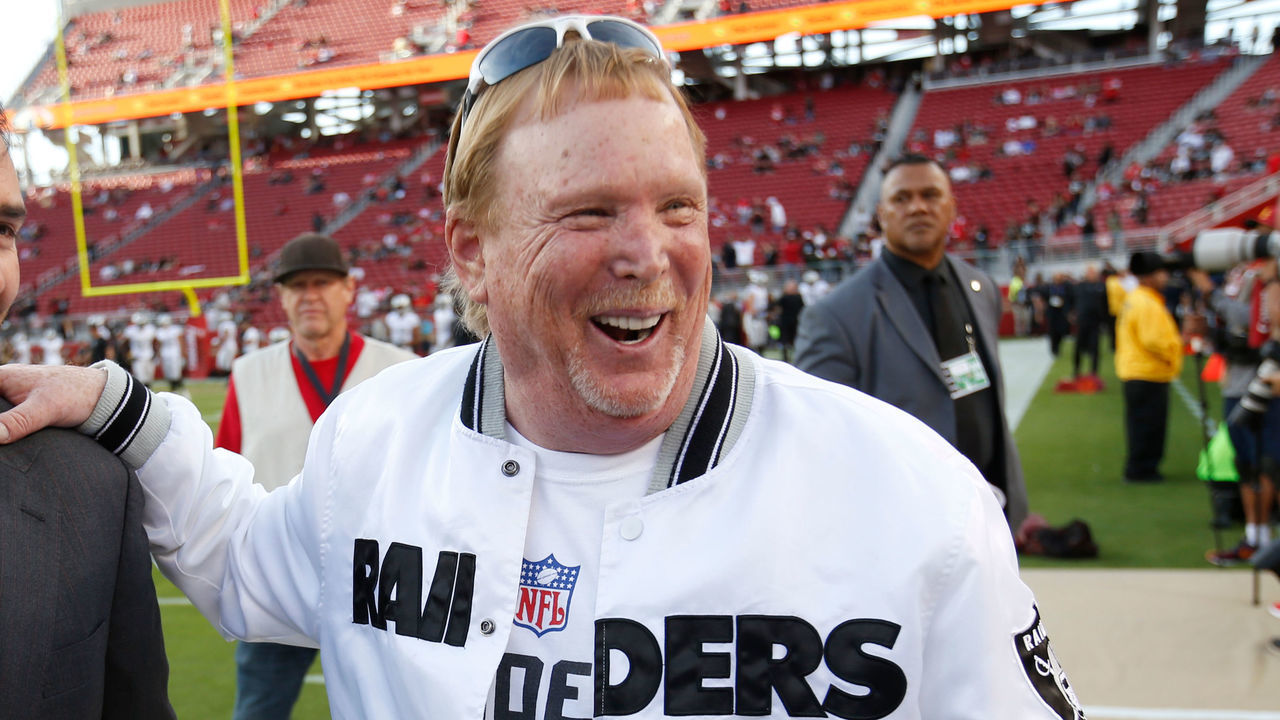 SANTA CLARA, CA - NOVEMBER 1: CEO Jed York of the San Francisco 49ers and Owner Mark Davis of the Oakland Raiders talk on the sideline prior to the game at Levi's Stadium on November 1, 2018 in Santa Clara, California. The 49ers defeated the Raiders 34-3.