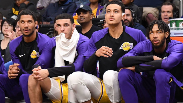 SAN JOSE, CA - OCTOBER 12: Josh Hart #3, Lonzo Ball #2, Kyle Kuzma #0 and Brandon Ingram #14 of the Los Angeles Lakers look on from the bench during a pre-season game against the Golden State Warriors on October 12, 2018 at the SAP Center in San Jose, California. NOTE TO USER: User expressly acknowledges and agrees that, by downloading and/or using this Photograph, user is consenting to the terms and conditions of the Getty Images License Agreement. Mandatory Copyright Notice: Copyright 2018 NBAE