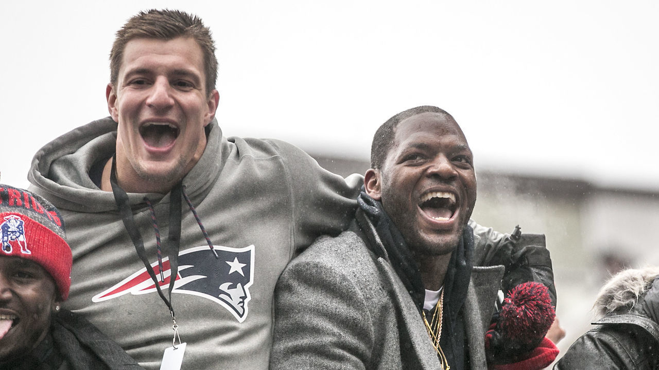 BOSTON, MA - FEBRUARY 07: Rob Gronkowski and Martellus Bennett of the New England Patriots celebrate during the Super Bowl victory parade on February 7, 2017 in Boston, Massachusetts. The Patriots defeated the Atlanta Falcons 34-28 in overtime in Super Bowl 51.