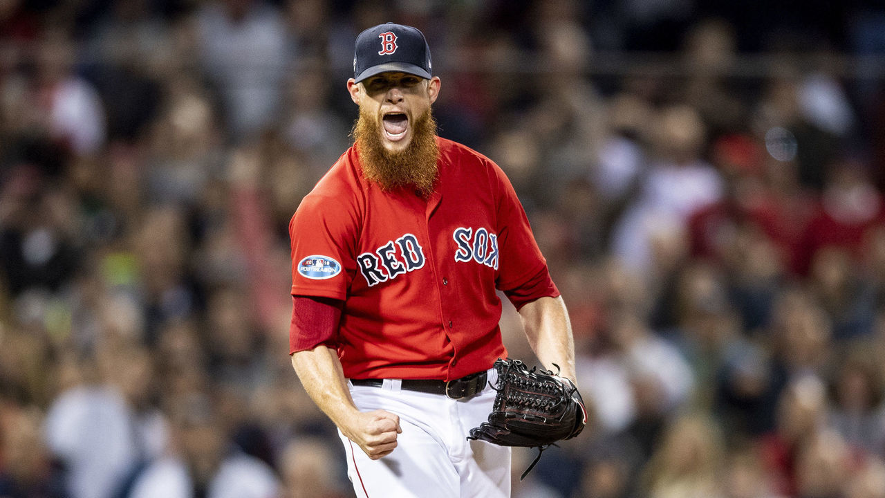 BOSTON, MA - OCTOBER 5: Craig Kimbrel #46 of the Boston Red Sox reacts after recording the final out in the ninth inning of game one of the American League Division Series against the New York Yankees on October 5, 2018 at Fenway Park in Boston, Massachusetts.