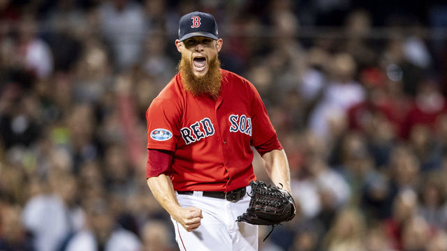 BOSTON, MA - OCTOBER 5: Craig Kimbrel #46 of the Boston Red Sox reacts after recording the final out in the ninth inning of game one of the American League Division Series against the New York Yankees on October 5, 2018 at Fenway Park in Boston, Massachusetts.