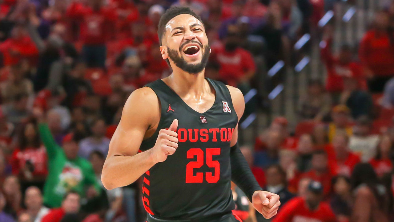 HOUSTON, TX - DECEMBER 12: Houston Cougars guard Galen Robinson Jr. (25) reacts after drawing a foul during the basketball game between the LSU Tigers and Houston Cougars on December 12, 2018 at Fertitta Center in Houston, Texas.