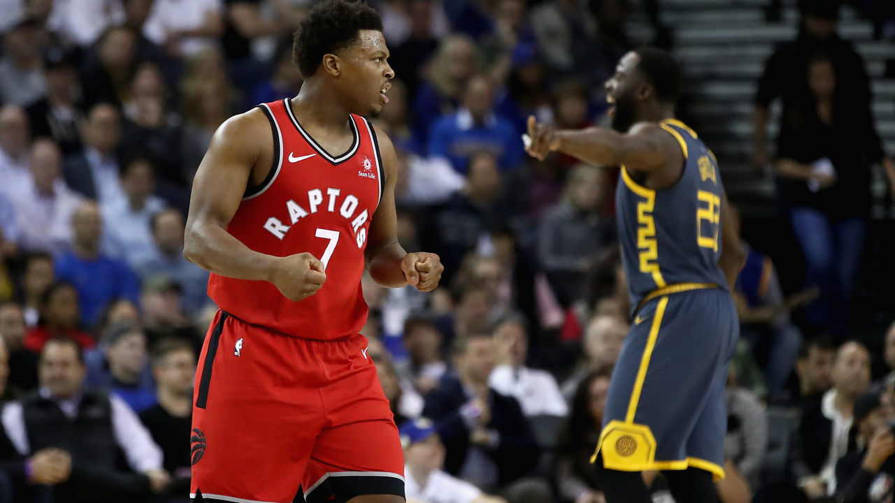 OAKLAND, CA - DECEMBER 12: Kyle Lowry #7 of the Toronto Raptors reacts after Greg Monroe #15 made a basket against the Golden State Warriors at ORACLE Arena on December 12, 2018 in Oakland, California.
