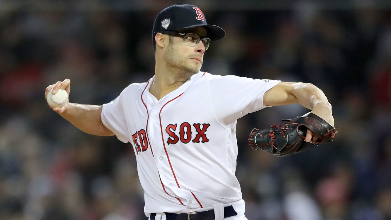 BOSTON, MA - OCTOBER 24: Joe Kelly #56 of the Boston Red Sox delivers the pitch during the seventh inning against the Los Angeles Dodgers in Game Two of the 2018 World Series at Fenway Park on October 24, 2018 in Boston, Massachusetts.