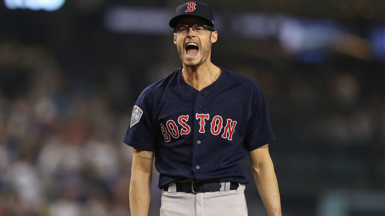 LOS ANGELES - OCTOBER 28: Boston Red Sox pitcher Joe Kelly screams after striking out the side in the eighth inning. The Los Angeles Dodgers host the Boston Red Sox in Game 5 of the World Series at Dodger Stadium in Los Angeles on Oct. 28, 2018.