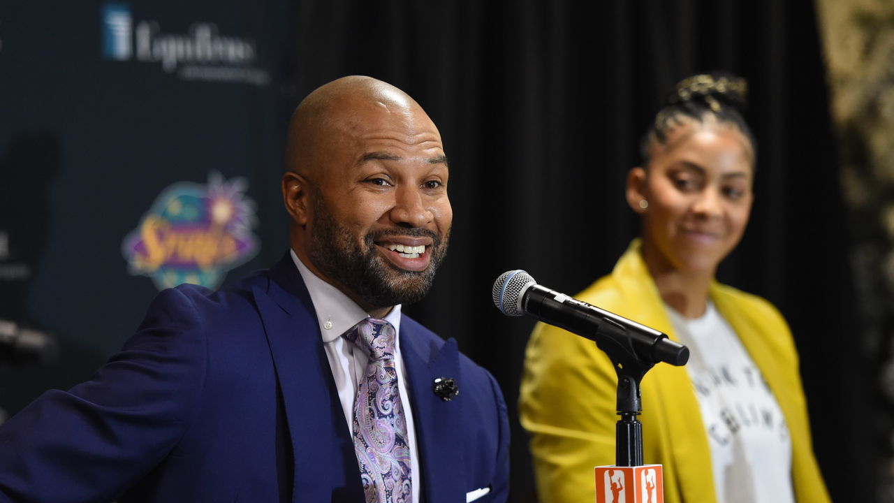 LOS ANGELES, CA - DECEMBER 7: Derek Fisher is introduced to the media as the new head coach of the Los Angeles Sparks during a press conference on December 7, 2018 at Luxe City Center Hotel in Los Angeles, California. Mandatory Copyright Notice: Copyright 2018 NBAE