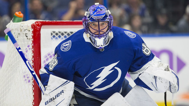 TAMPA, FL - NOVEMBER 6: Goalie Andrei Vasilevskiy #88 of the Tampa Bay Lightning wears a special helmet for Hockey Fights Cancer Night during the game against the Edmonton Oilers at Amalie Arena on November 6, 2018 in Tampa, Florida.