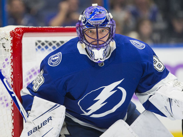 TAMPA, FL - NOVEMBER 6: Goalie Andrei Vasilevskiy #88 of the Tampa Bay Lightning wears a special helmet for Hockey Fights Cancer Night during the game against the Edmonton Oilers at Amalie Arena on November 6, 2018 in Tampa, Florida.