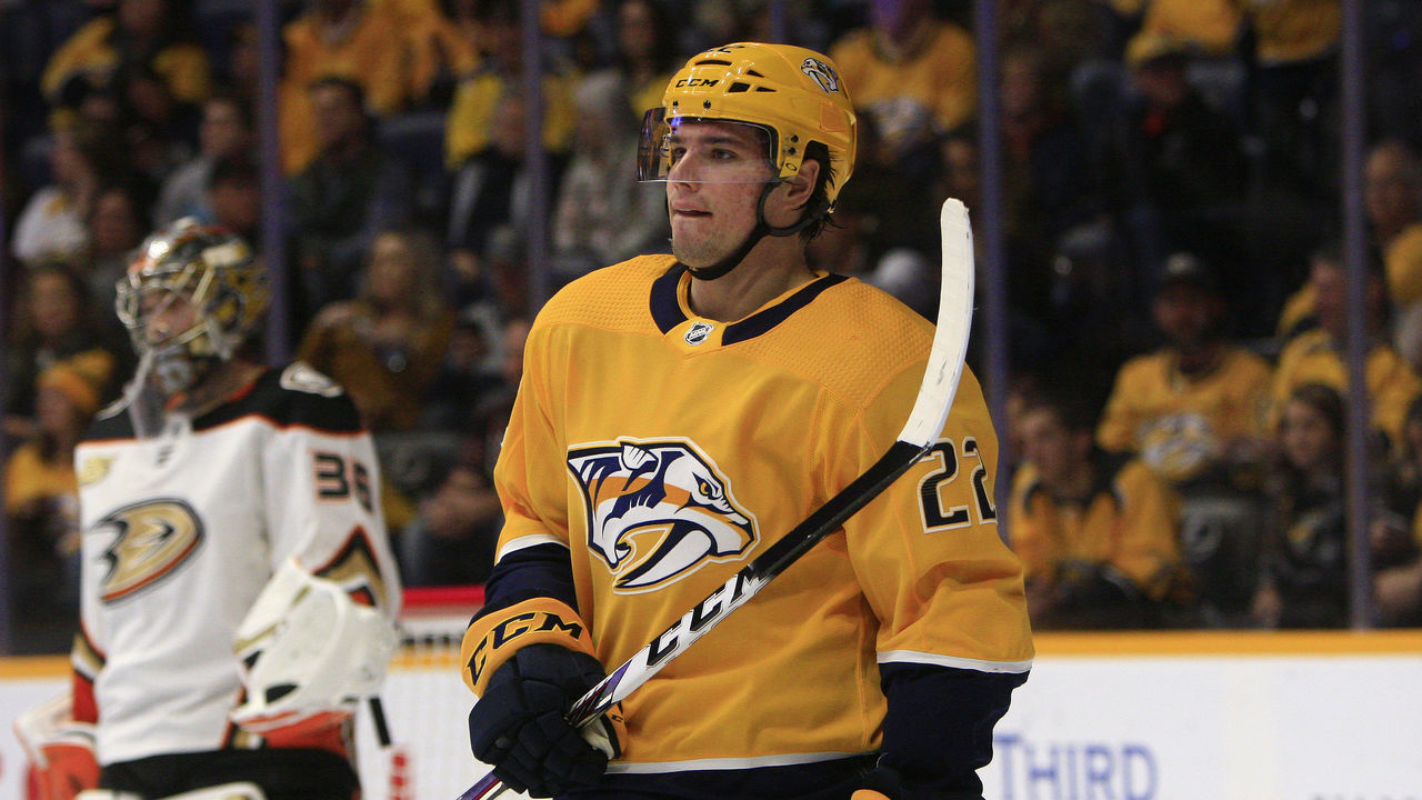 NASHVILLE, TN - NOVEMBER 25: Nashville Predators left wing Kevin Fiala (22) is shown during the NHL game between the Nashville Predators and Anaheim Ducks, held on November 25, 2018, at Bridgestone Arena in Nashville, Tennessee.