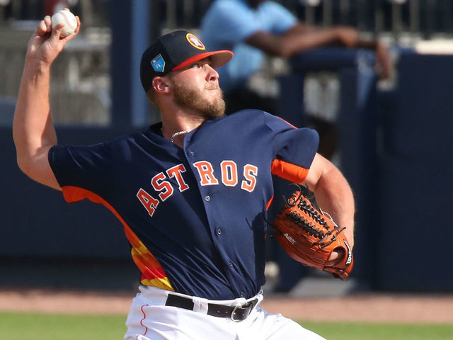WEST PALM BEACH, FL - MARCH 1: Riley Ferrell #70 of the Houston Astros throws the ball against the Boston Red Sox during a spring training game at The Ballpark of the Palm Beaches on March 1, 2018 in West Palm Beach, Florida. The Astros defeated the Red Sox 10-5.