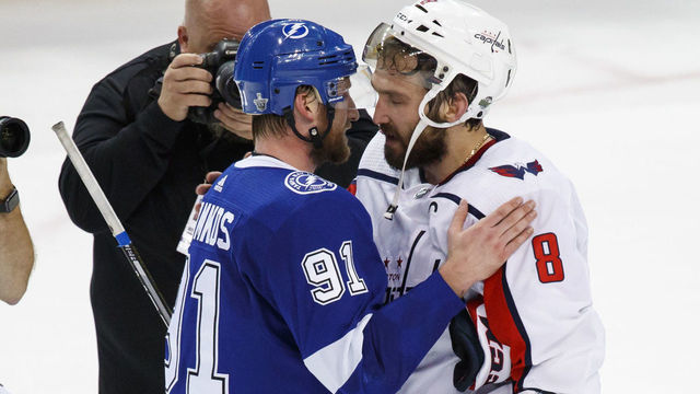 TAMPA, FL - MAY 23: Steven Stamkos #91 of the Tampa Bay Lightning and Alex Ovechkin #8 of the Washington Capitals shake hands after Game Seven of the Eastern Conference Final during the 2018 NHL Stanley Cup Playoffs at Amalie Arena on May 23, 2018 in Tampa, Florida.