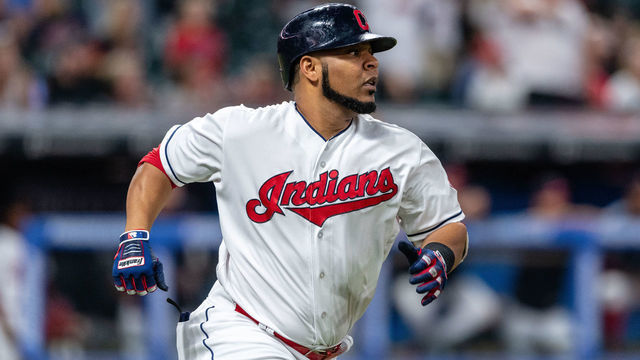 CLEVELAND, OH - AUGUST 31: Edwin Encarnacion #10 of the Cleveland Indians rounds the bases after hitting a solo homer during the seventh inning against the Tampa Bay Rays at Progressive Field on August 31, 2018 in Cleveland, Ohio.
