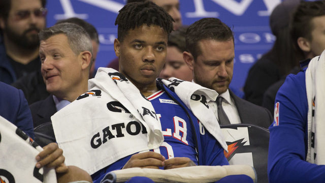 PHILADELPHIA, PA - NOVEMBER 19: Markelle Fultz #20 of the Philadelphia 76ers watches the game from the bench in the second quarter against the Phoenix Suns at the Wells Fargo Center on November 19, 2018 in Philadelphia, Pennsylvania. The 76ers defeated the Suns 119-114.