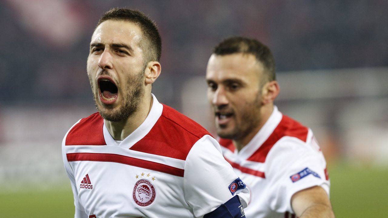 PIRAEUS, GREECE - DECEMBER 13: Kostas Fourtounis of Olympiacos celebrates after scoring a goal during the UEFA Europa League Group F match between Olympiacos and AC Milan at Karaiskakis Stadium on December 13, 2018 in Piraeus, Greece.