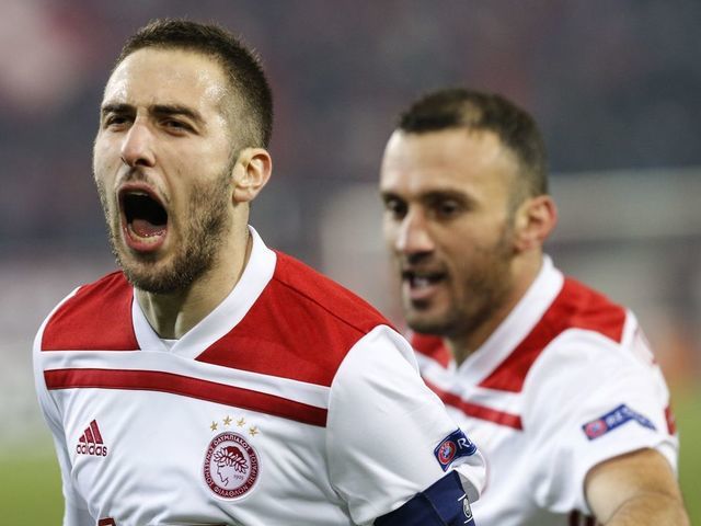 PIRAEUS, GREECE - DECEMBER 13: Kostas Fourtounis of Olympiacos celebrates after scoring a goal during the UEFA Europa League Group F match between Olympiacos and AC Milan at Karaiskakis Stadium on December 13, 2018 in Piraeus, Greece.