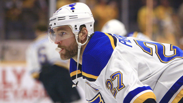 NASHVILLE, TN - NOVEMBER 21: St. Louis Blues defenseman Alex Pietrangelo (27) blows a bubble prior to the NHL game between the Nashville Predators and St. Louis Blues, held on November 21, 2018, at Bridgestone Arena in Nashville, Tennessee.