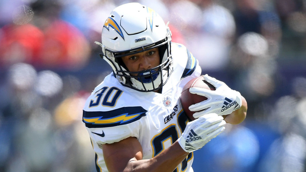 CARSON, CA - SEPTEMBER 09: Austin Ekeler #30 of the Los Angeles Chargers carries the ball against the Kansas City Chiefs at StubHub Center on September 9, 2018 in Carson, California.