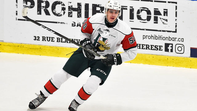 BOISBRIAND, QC - OCTOBER 20: Raphael Lavoie #50 of the Halifax Mooseheads skates against the Blainville-Boisbriand Armada during the QMJHL game at Centre d'Excellence Sports Rousseau on October 20, 2017 in Boisbriand, Quebec, Canada. The Halifax Mooseheads defeated the Blainville-Boisbriand Armada 4-2.