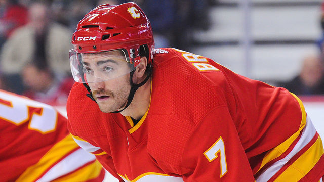 CALGARY, AB - NOVEMBER 15: T.J. Brodie #7 of the Calgary Flames in action against the Montreal Canadiens during an NHL game at Scotiabank Saddledome on November 15, 2018 in Calgary, Alberta, Canada.