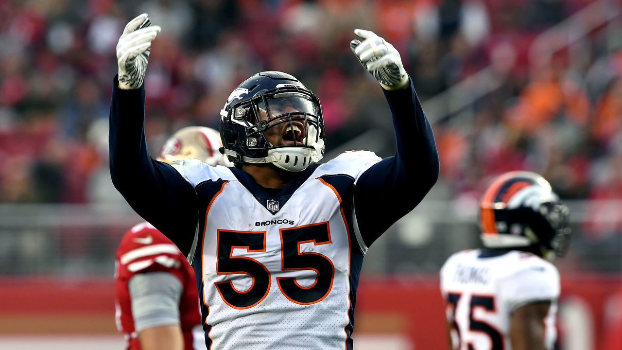 SANTA CLARA, CA - NOVEMBER 9: Bradley Chubb #55 of the Denver Broncos celebrates the Bronco trying to come back as the Denver Broncos take on the San Francisco 49er's at Levi's Stadium December 9, 2018 in Santa Clara, CA.